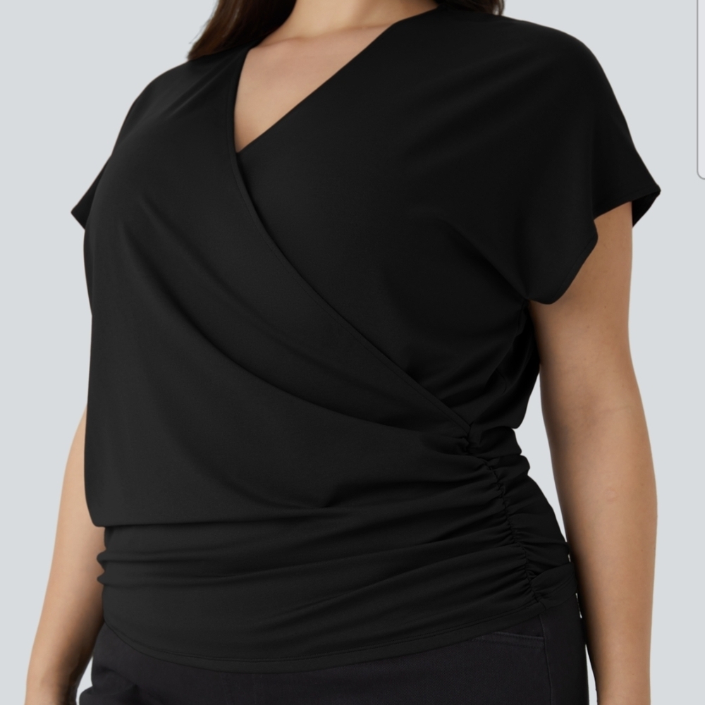 HALARA V Neck Cap Sleeve Crossover Ruched Solid Work Blouse